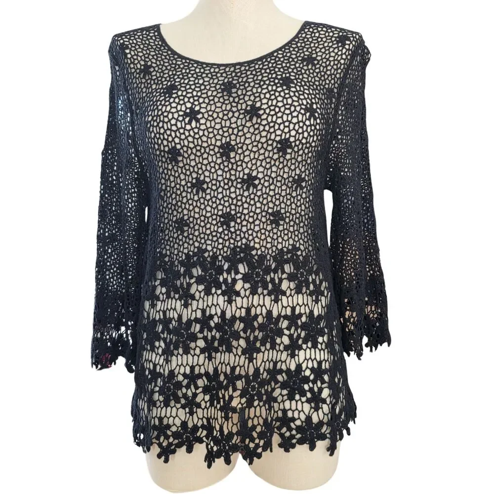 Ethyl Black Crochet Lace Floral Tunic Open Knit Boho Layering Statement Romantic - Picture 2 of 7